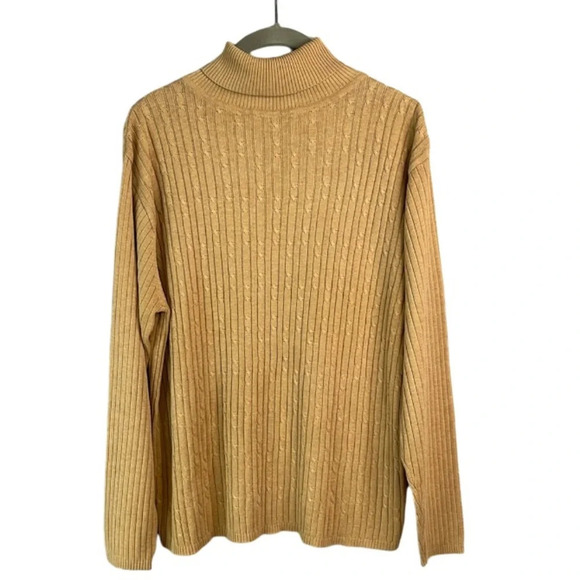 VINTAGE 90s Gloria Vanderbilt Ribbed Cable-knit Turtleneck Sweater Camel Tan XL - Picture 2 of 10